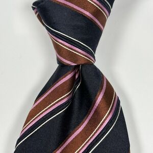 Canali Tie Mens 100% Silk Navy Brown Pink Stripe XL Necktie Made Italy Classic